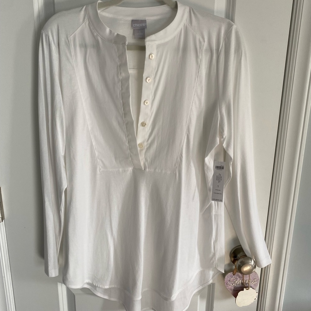 Chicos white knit poplin tunic LS shirt   Size 1
